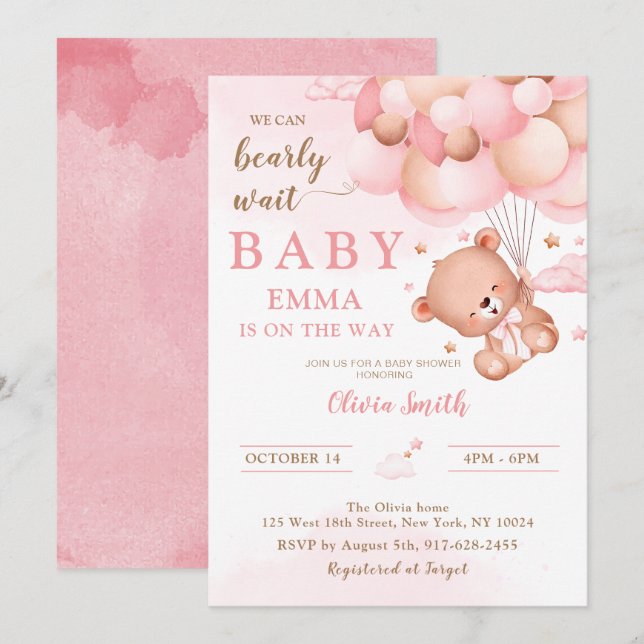 Invitación Chica de globos de Oso Rosado Baby Shower (Anverso / Reverso)