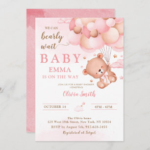 Invitación Chica de globos de Oso Rosado Baby Shower