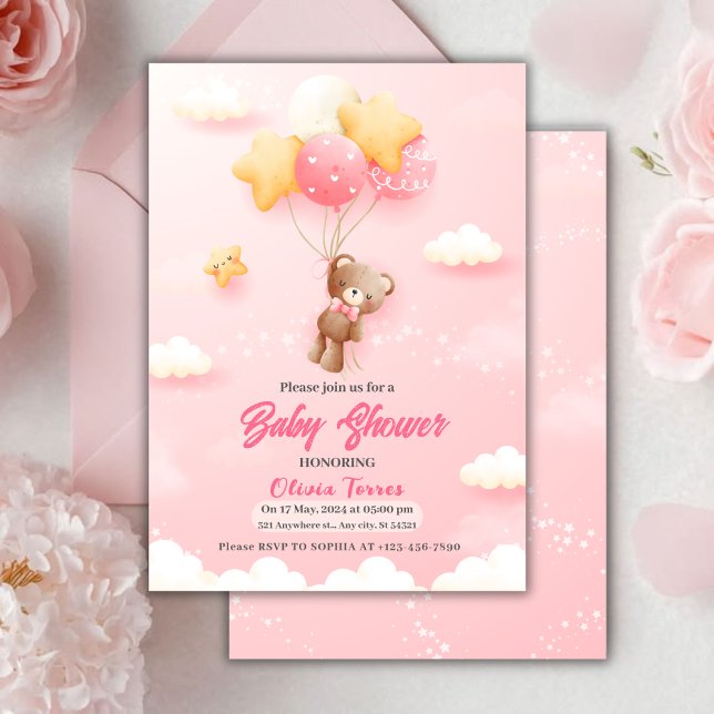 Invitación Chica de globos de Oso Rosado Baby Shower (Subido por el creador)