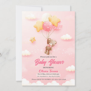 Invitación Chica de globos de Oso Rosado Baby Shower
