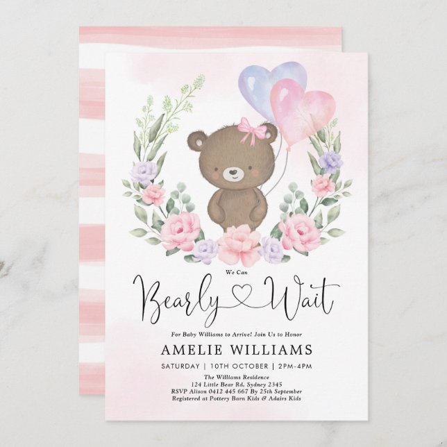 Invitación Chica de globos de oso rosado púrpura Teddy Baby S (Anverso / Reverso)