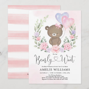 Invitación Chica de globos de oso rosado púrpura Teddy Baby S