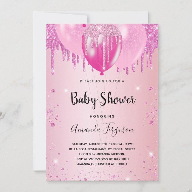 Invitación chica de globos de polvo de purpurina rosa de colo (Anverso)