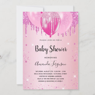 Invitación chica de globos de polvo de purpurina rosa de colo