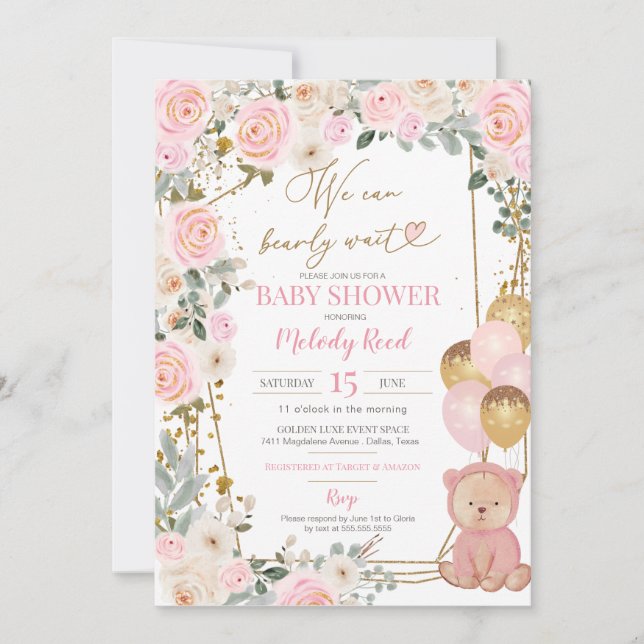 Invitación Chica de globos florales rosados de Teddy Bear Bab (Anverso)