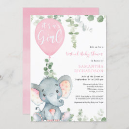 Invitación Chica de globos rosados con elefante de ducha de b