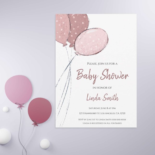 Invitación Chica de globos rosados Cute Baby Shower (Subido por el creador)