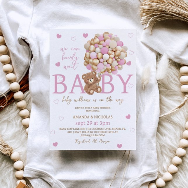 Invitación Chica de globos rosados de oso Baby Shower (Subido por el creador)