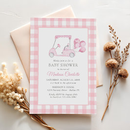 Invitación Chica de golf Pink Gingham Baby Shower