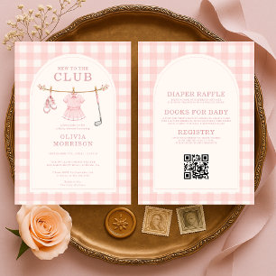 Invitación Chica de golf todo en uno de cuadros rosados Baby