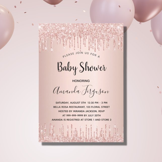 Invitación chica de goteo de rosa de purpurina de oro de Baby (Subido por el creador)