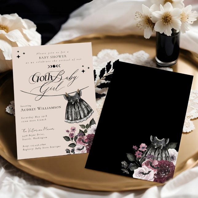 Invitación Chica de Gótico de vestido negro gótico Halloween  (Gothic Halloween Black Dress Goth Girl Baby Shower Invitation)