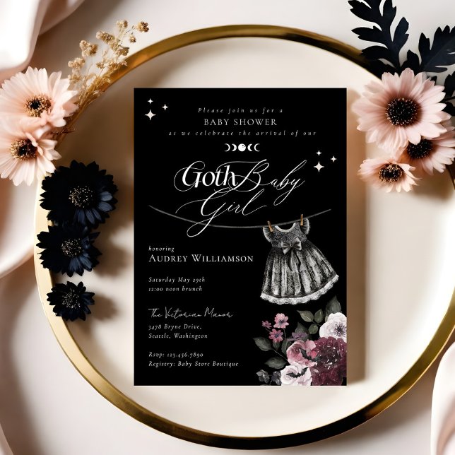 Invitación Chica de Gótico de vestido negro gótico Halloween  (Gothic Halloween Black Dress Goth Girl Baby Shower Invitation (Front))