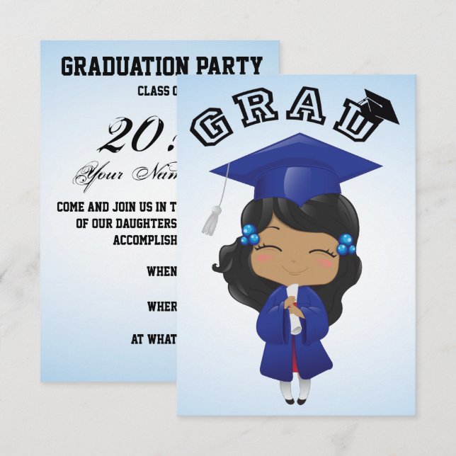 Invitación Chica de graduación en azul (Anverso / Reverso)