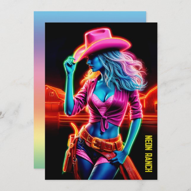 Invitación Chica de granjas de neón eléctrico en gorra rosa d (Anverso / Reverso)