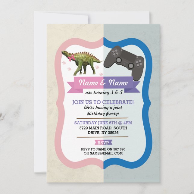 Invitación Chica de grupo de dinosaurios y juegos cumpleaños (Anverso)