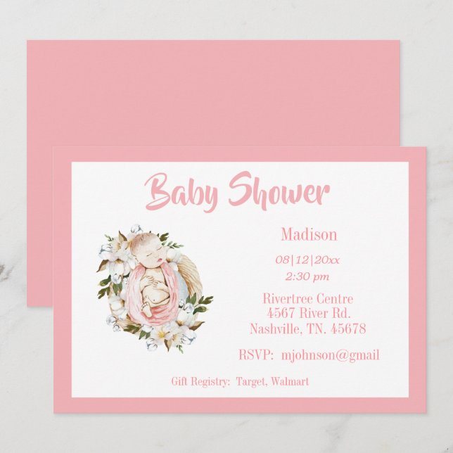 Invitación Chica de guiones florales rosados de bonito Baby S (Anverso / Reverso)