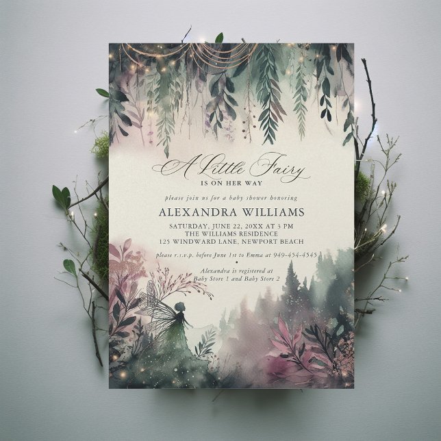 Invitación Chica de hadas Baby Shower encantado de las montañ (little fairy girl baby shower invitation purple mauve emerald green mountains enchanted forest)