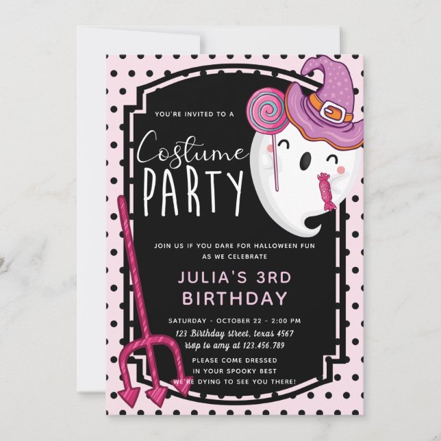 Invitación Chica de Halloween Fiesta de disfraces de cumpleañ (Anverso)