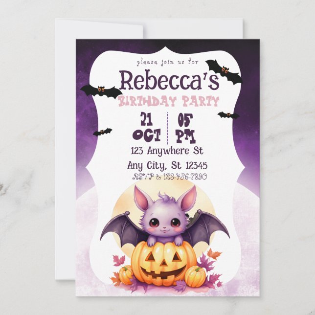 Invitación Chica de Halloween fiesta de Halloween Purple Bat (Anverso)