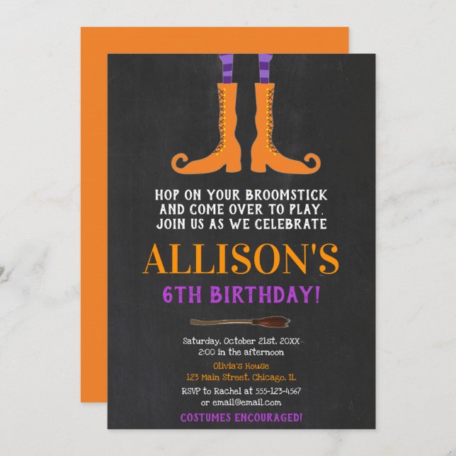 Invitación chica de Halloween, naranja púrpura de pies brujos (Anverso / Reverso)