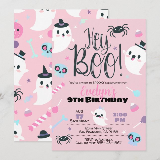 Invitación chica de Halloween para cumpleaños, Pas (Anverso / Reverso)