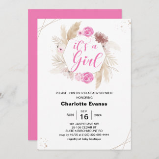 Invitación Chica de hierba Boho Pampas Flores rosadas Baby Sh