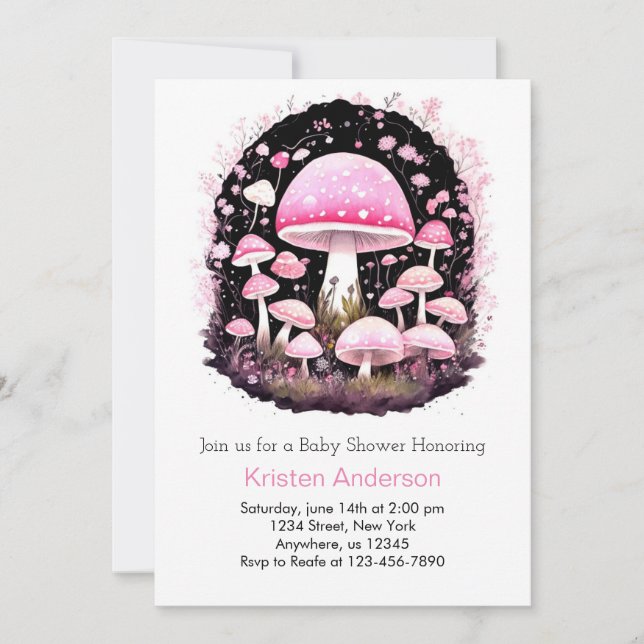 Invitación Chica de hongos boscosos rosados encantados Baby S (Anverso)