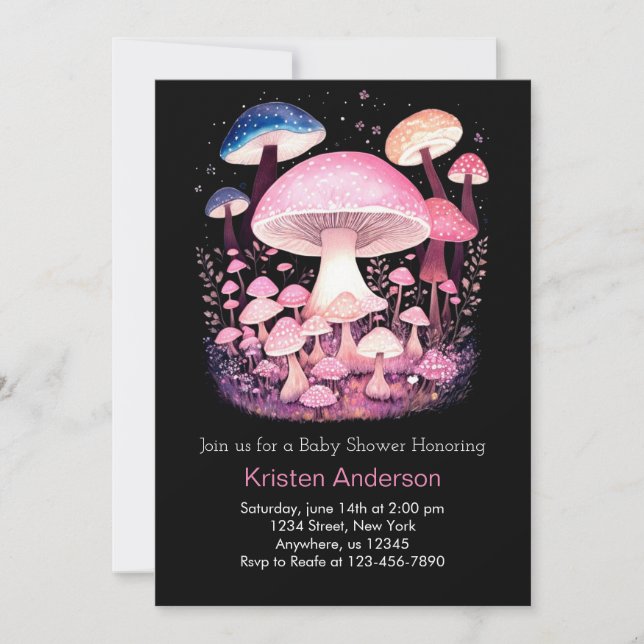 Invitación Chica de hongos rosados de Woodland Encantado Baby (Anverso)