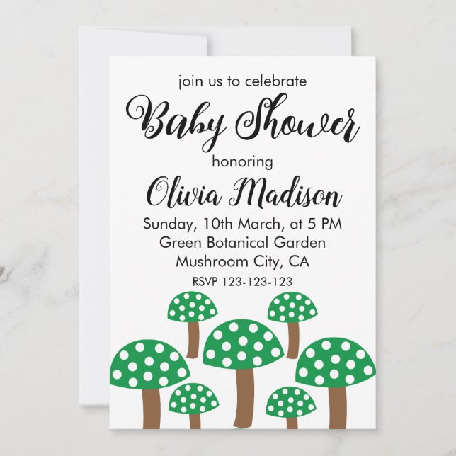 Invitación Chica de hongos verdes Baby Shower (Anverso)