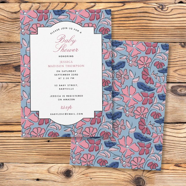 Invitación Chica de impresión de bloques florales rosas y azu (Pink and Blue Floral Block Print Girl Baby Shower Invitation)