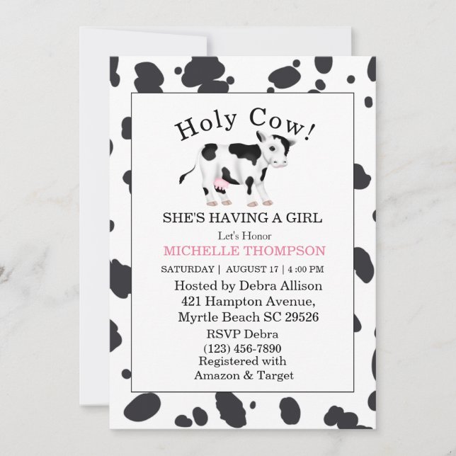 Invitación Chica de impresión de vaca sagrada Baby Shower (Anverso)