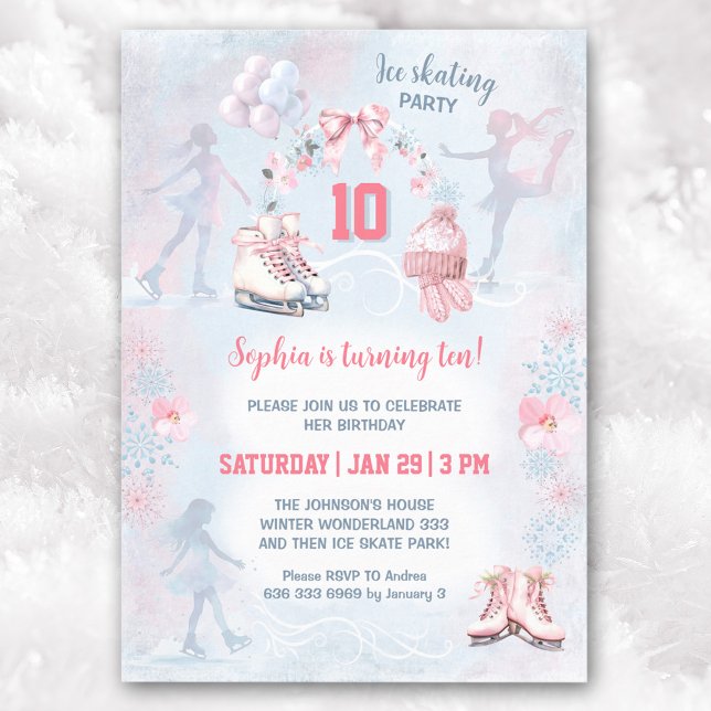 Invitación Chica de invierno azul rosado Fiesta de patinaje s (Ice Skating Party Pink Blue Winter Girl Birthday Invitation)