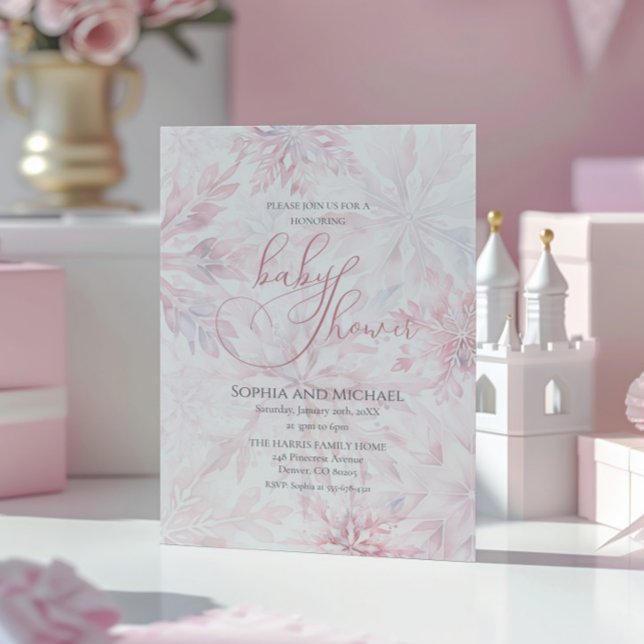 Invitación Chica de invierno Baby Shower copo de nieve rosa (Subido por el creador)