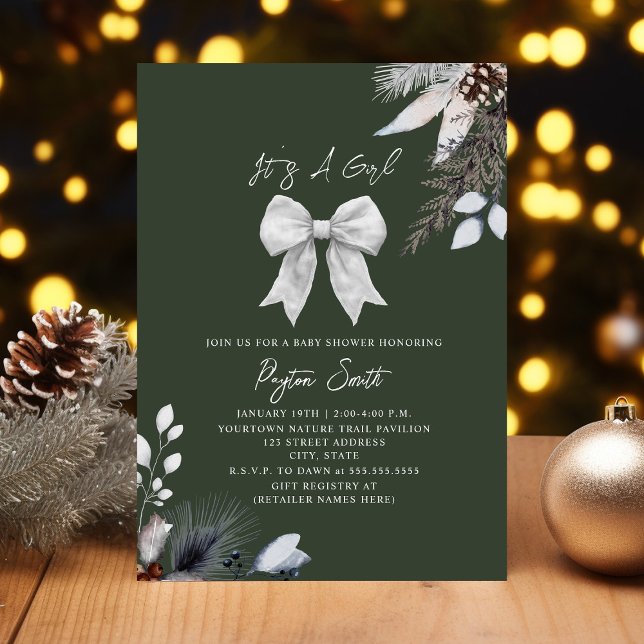 Invitación Chica de invierno Bow botánico Baby Shower verde (Subido por el creador)