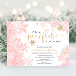 Invitación Chica de invierno con copo de nieve rosa y dorado