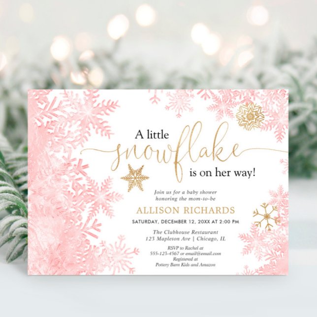 Invitación Chica de invierno con copo de nieve rosa y dorado (Subido por el creador)