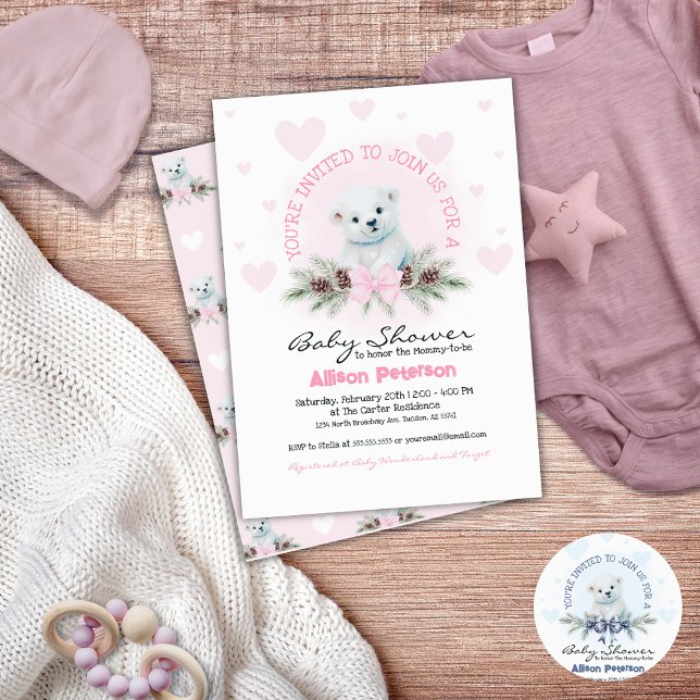 Invitación Chica de invierno con cubo de oso rosado Bow lindo (Cute baby girl baby shower invitation for winter)