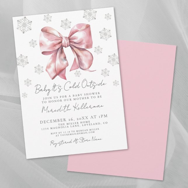 Invitación Chica de Invierno con Lazo Rosa Baby Shower (Pink Bow Winter Girl Baby Shower Invitation )