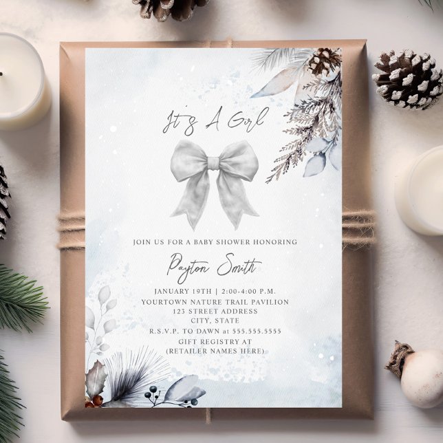 Invitación Chica de invierno de Floral Bow Botánico Baby Show (Subido por el creador)