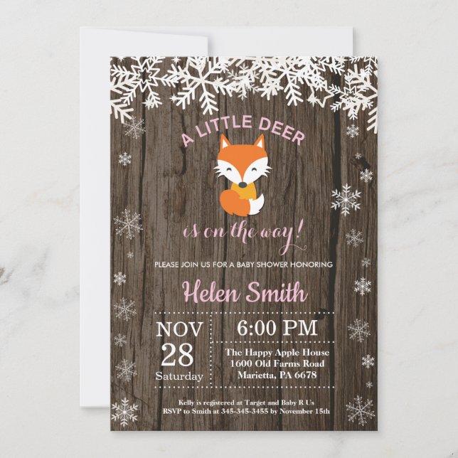 Invitación Chica de invierno de Fox Rustic Baby Shower (Anverso)