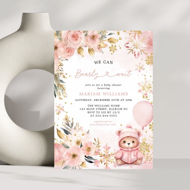 Invitación Chica de invierno de Navidades con flores de oso r (Subido por el creador)