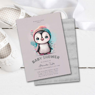 Invitación Chica de invierno Dusty Lilac Cute Penguin Baby Sh