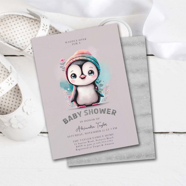Invitación Chica de invierno Dusty Lilac Cute Penguin Baby Sh (penguin baby shower invitation girl cute sweet adorable character watercolor winter cold outside)