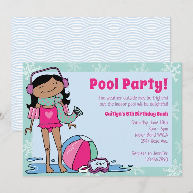 Invitación Chica de invierno Fiesta de pelo negro  baño inter (Anverso / Reverso)