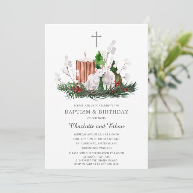 Invitación Chica de invierno gemela bautismo y cumpleaños (Anverso de pie)