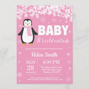 Invitación Chica de invierno pingüino Baby Shower Snowflake