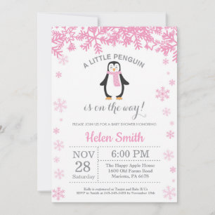 Invitación Chica de invierno pingüino Baby Shower Snowflake