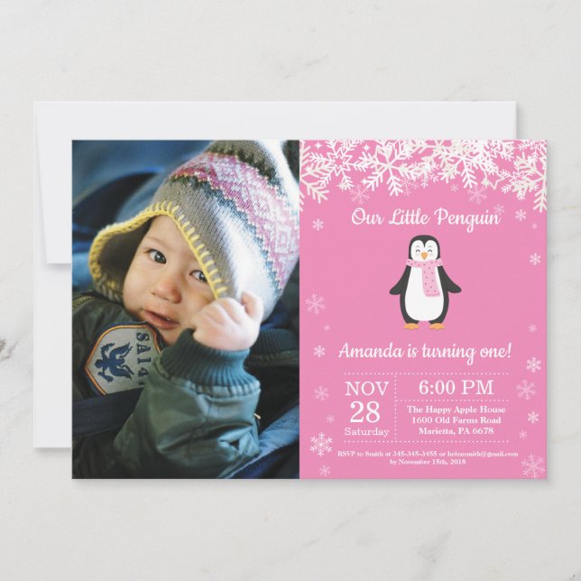 Invitación Chica de invierno pingüino foto de cumpleaños (Anverso)