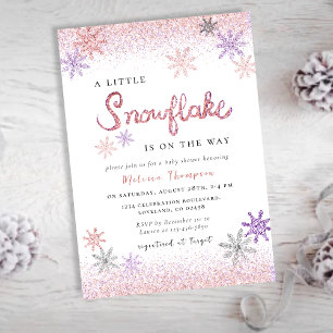 Invitación Chica de invierno rosado pequeño copo de nieve en